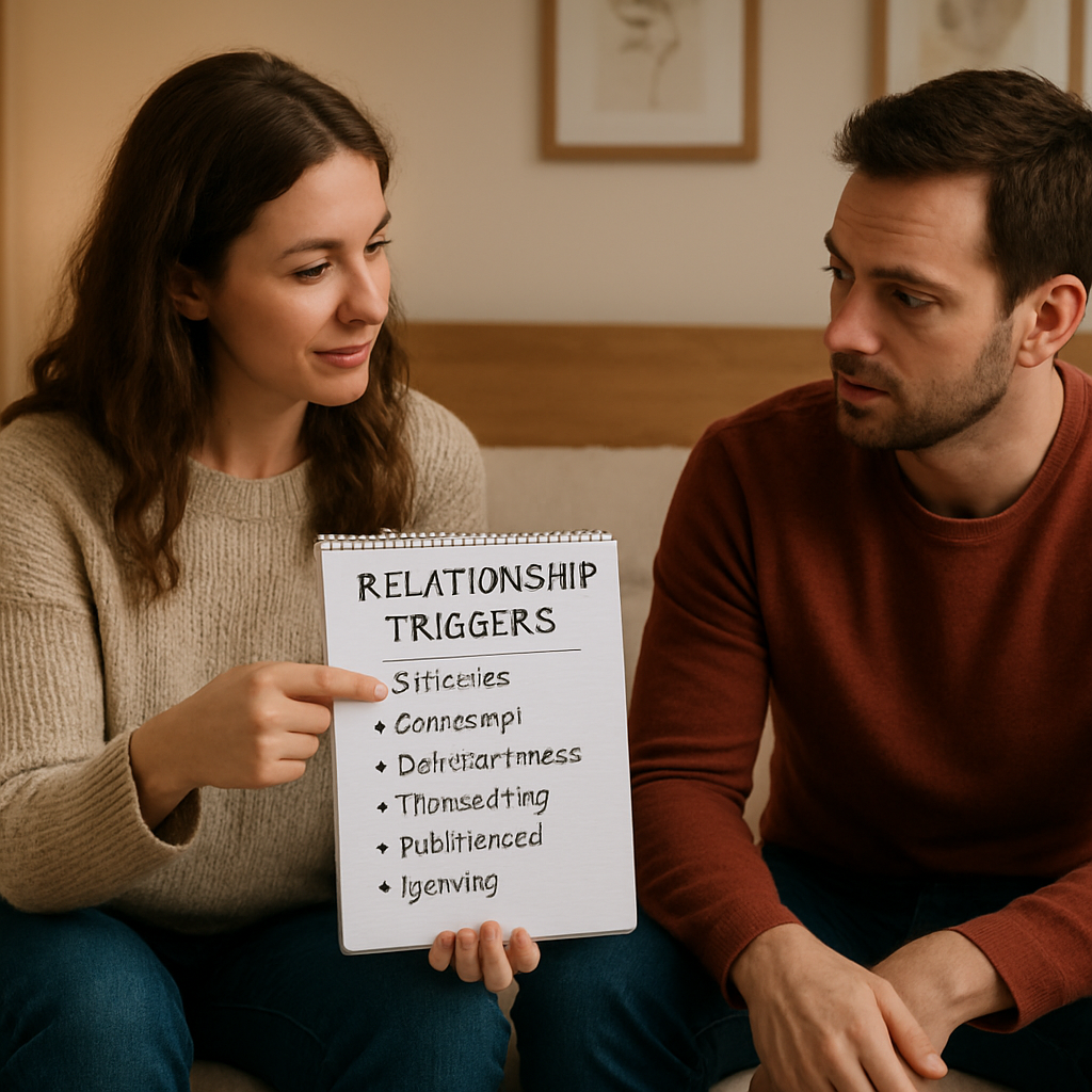 A cozy bedroom scene with a couple sitting on the edge of the bed, one holding a notebook and pointing at a list of relationship triggers. Alt: Recognizing contempt triggers in a relationship