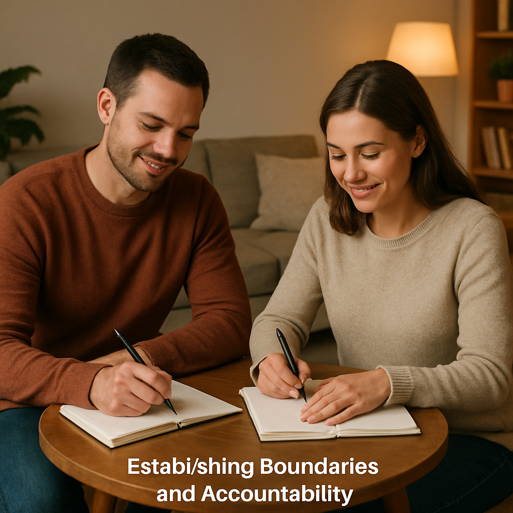 A cozy living room scene where a couple sits at a small table with notebooks, gently smiling as they write down boundaries together. Alt: Couples establishing boundaries and accountability in a relationship.