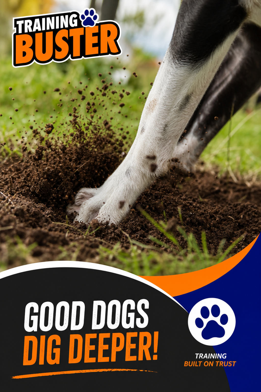 A photorealistic image of a dog's paw digging into soft dirt in a garden, with visible grass and soil particles flying. Alt: Dog digging hole in backyard yard