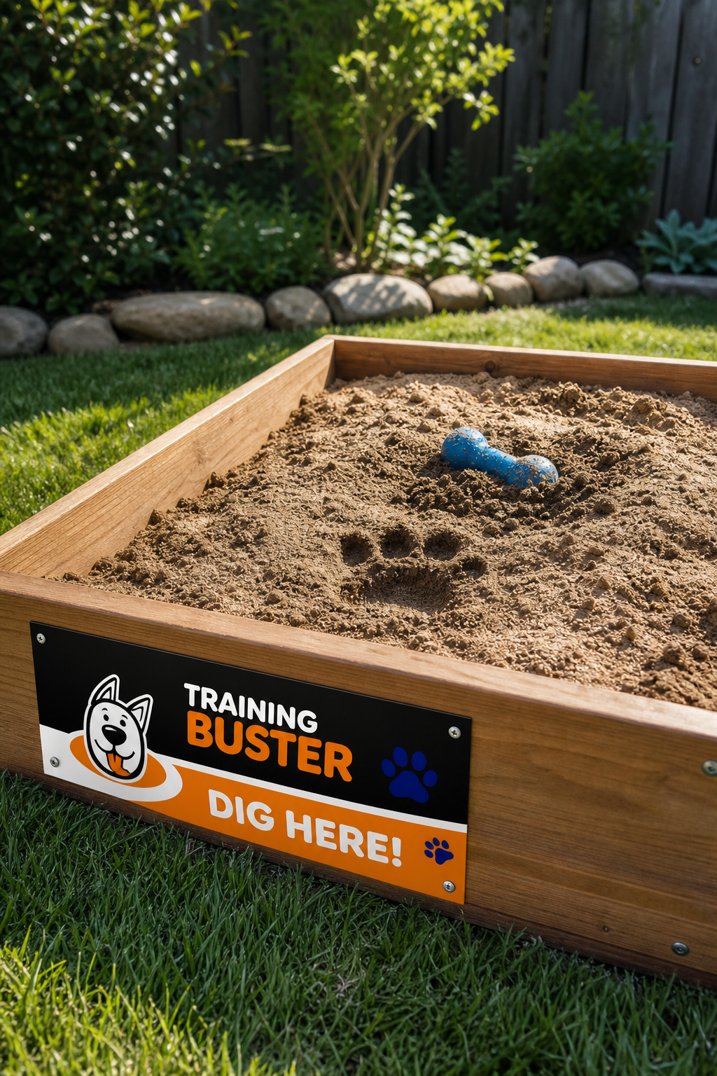 A photorealistic image of a wooden sandbox in a sunny backyard, filled with sand and dirt, with a dog's toy partly buried and a dog paw print. Alt: Designated digging sandbox for dog