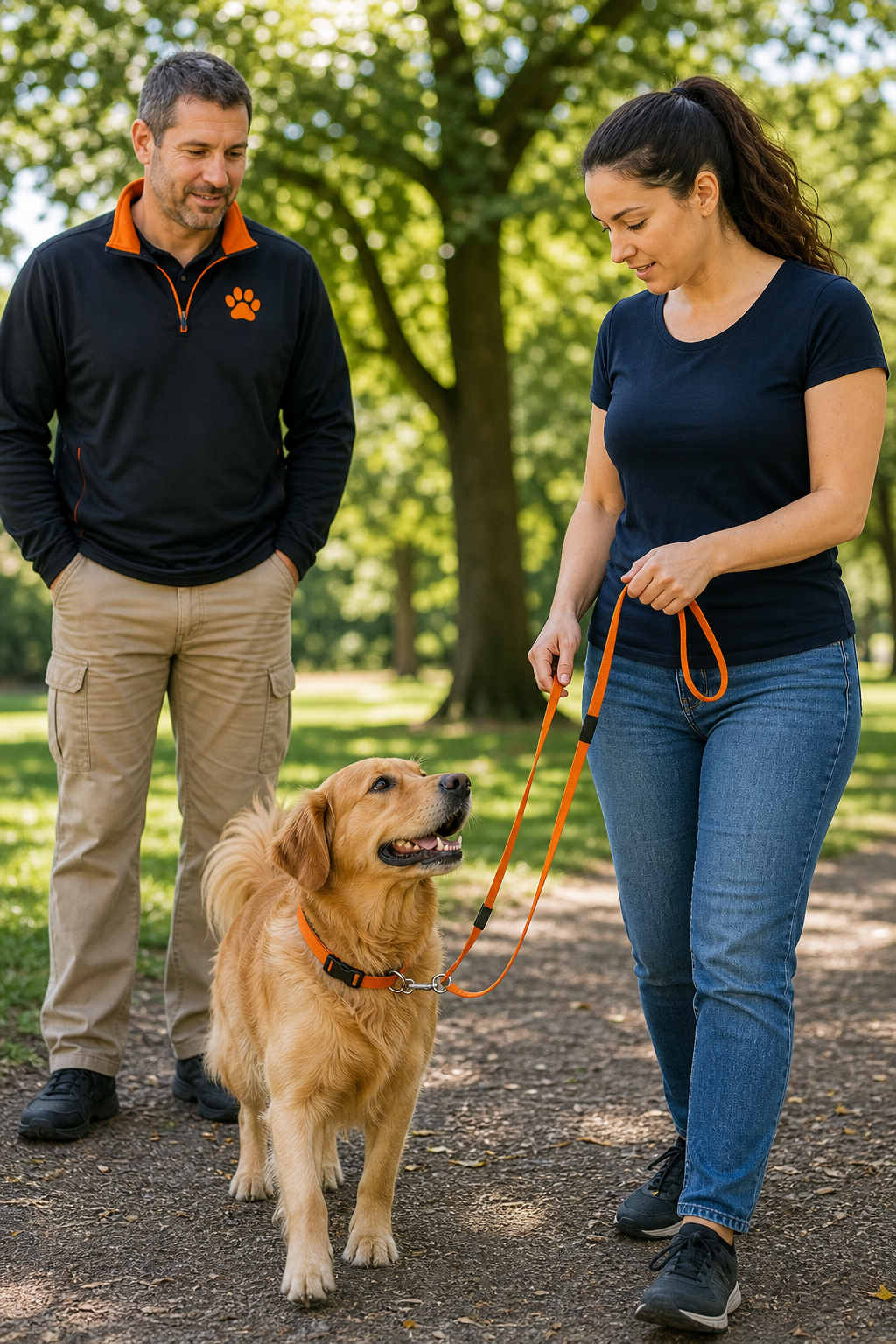 A descriptive prompt for a realistic image in Realism style, showing a dog trainer observing a dog on a leash with a focused owner. Alt: dog trainer observing leash behavior