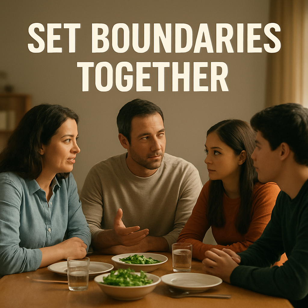 A family sitting around a dinner table discussing boundaries, with calm and supportive expressions. Alt: Family setting boundaries together