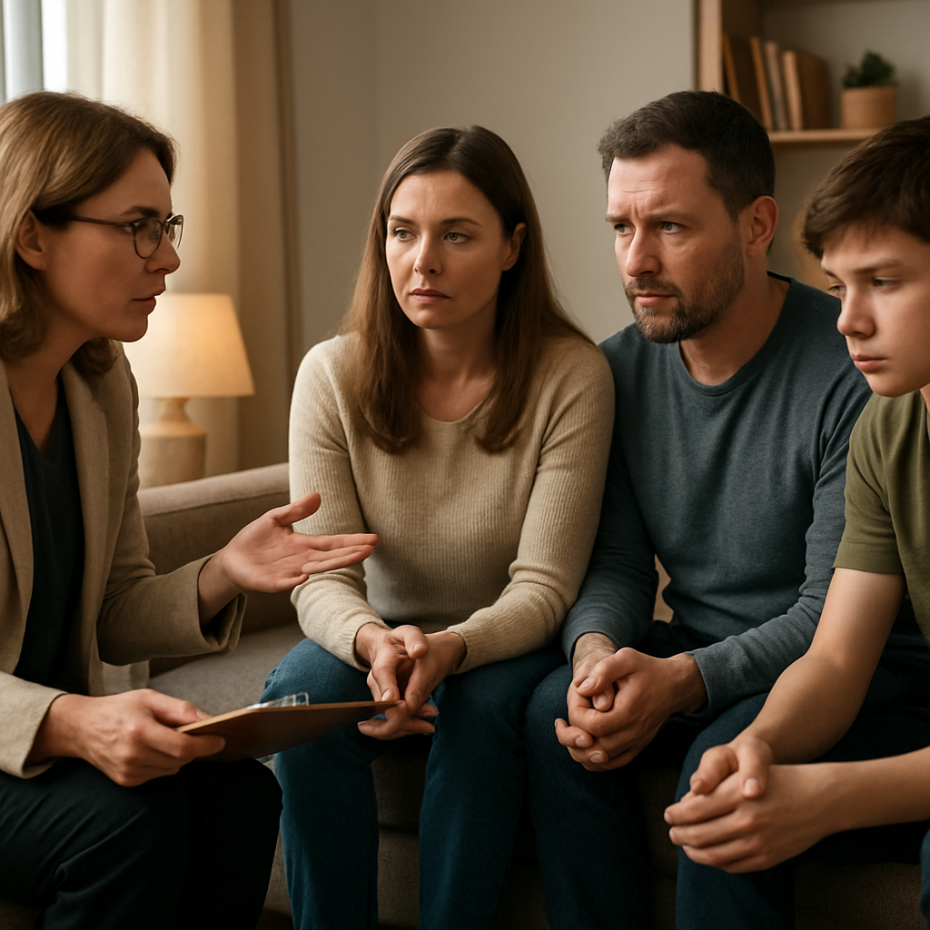 A calm family counseling session with a therapist guiding a discussion in a cozy, well-lit room. Alt: Family therapy for addiction session