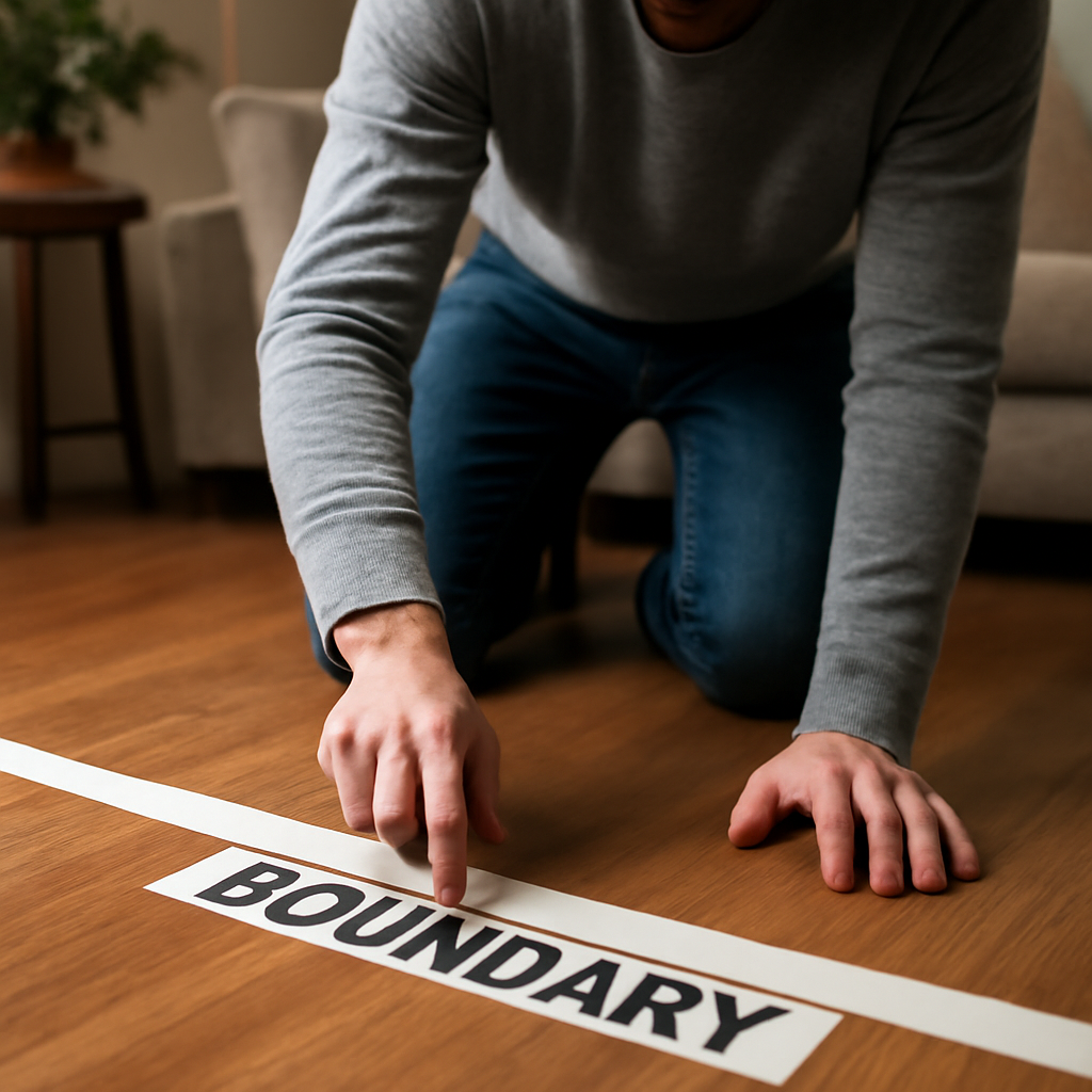 A person setting a paper boundary line on a living room floor, symbolic of setting clear limits. Alt: Family boundary setting illustration.
