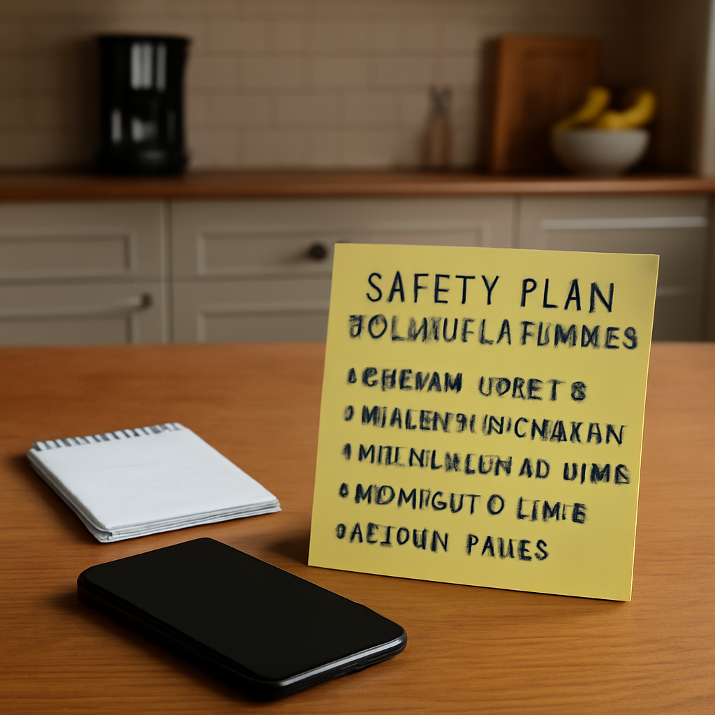 A calm, organized kitchen table with a sticky note list of crisis signs, a phone, and a small notepad. Alt: Safety plan for crisis moments.