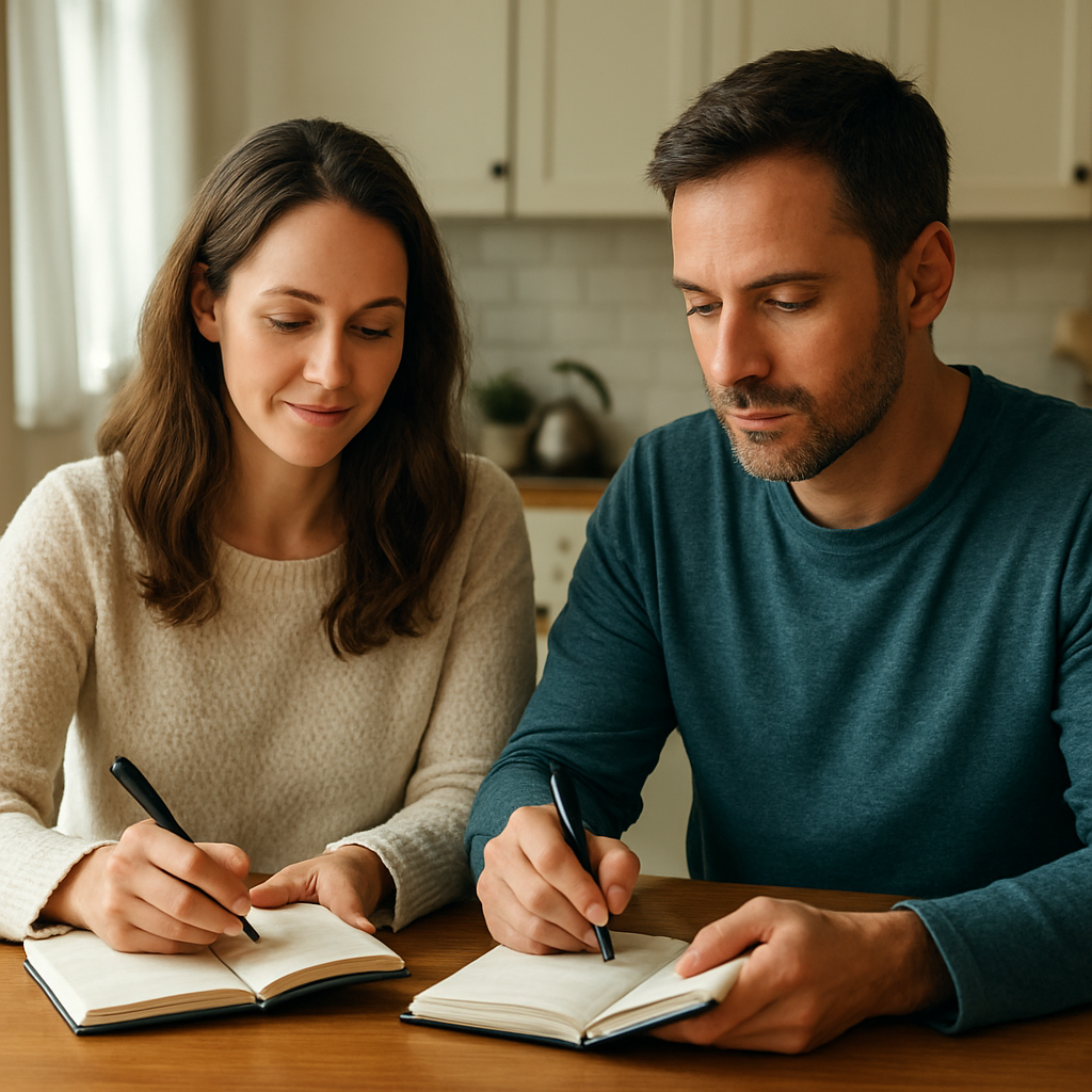 A calm couple sitting at a kitchen table, each holding a notebook, with soft natural light highlighting the pages. Alt: Recognize gaslighting behaviors by documenting conversations.