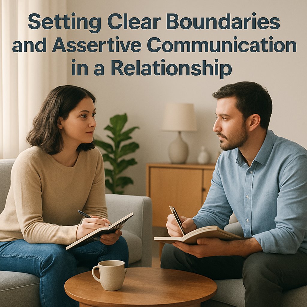 A calm living room scene with a couple sitting across from each other at a small table, each holding a notebook, discussing boundaries. Alt: Setting clear boundaries and assertive communication in a relationship guide.
