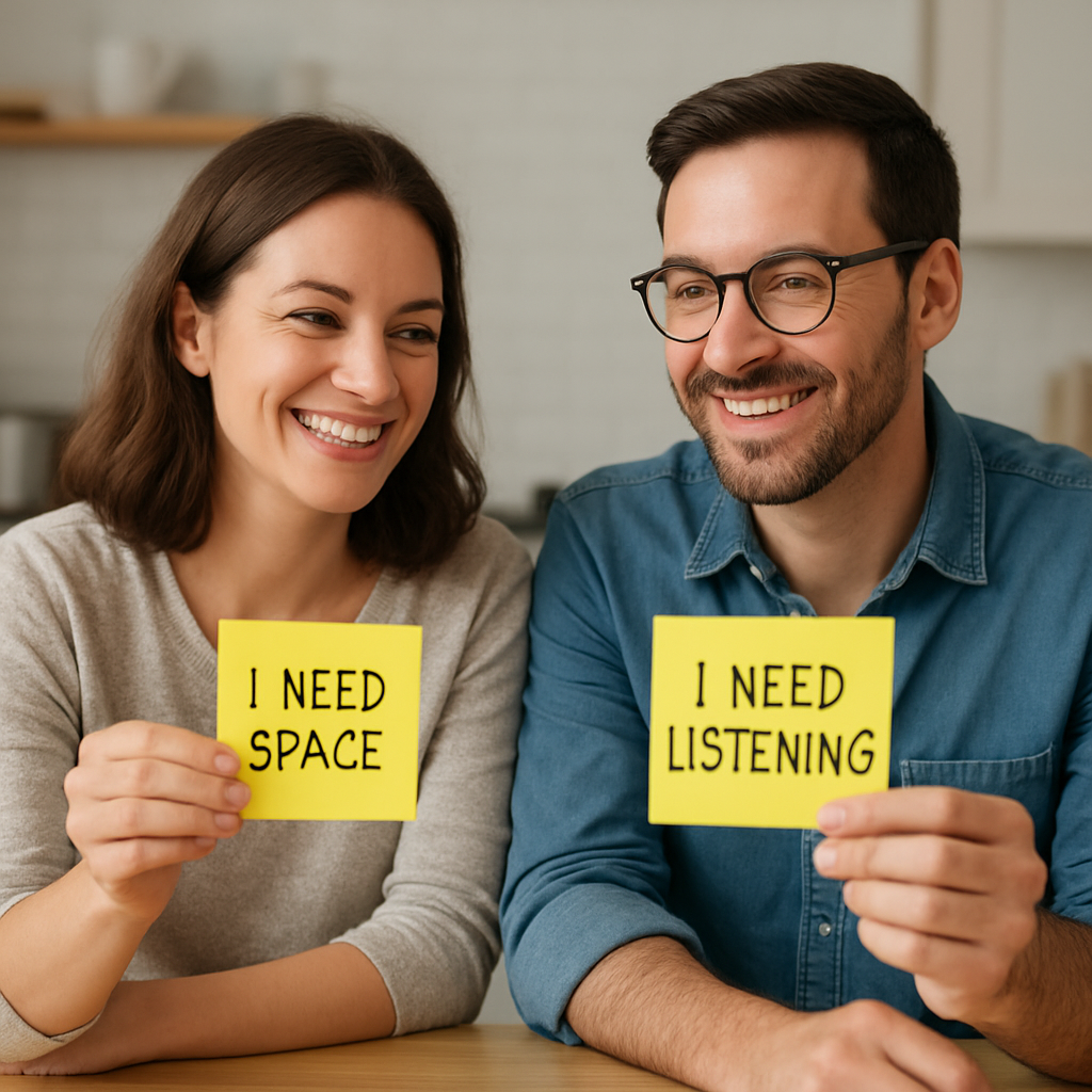 A couple sitting at a kitchen table, each holding a sticky note that reads a personal boundary, smiling and looking relieved. Alt: Setting healthy boundaries to stop silent treatment in relationships.