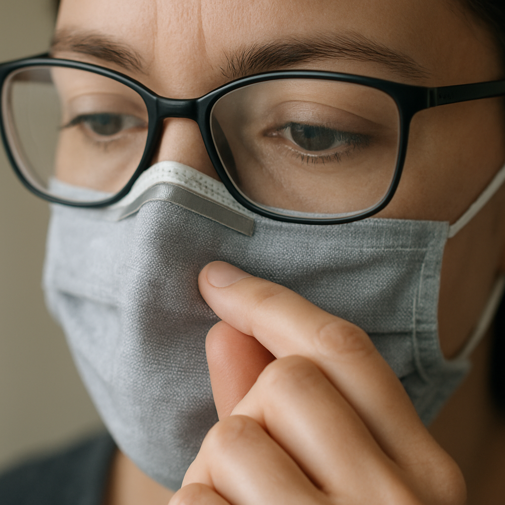 A close‑up of a person adjusting the metal nose strip on a cloth mask, with glasses on and a clear view through the lenses. Alt: Adjust mask fit to stop glasses fogging.