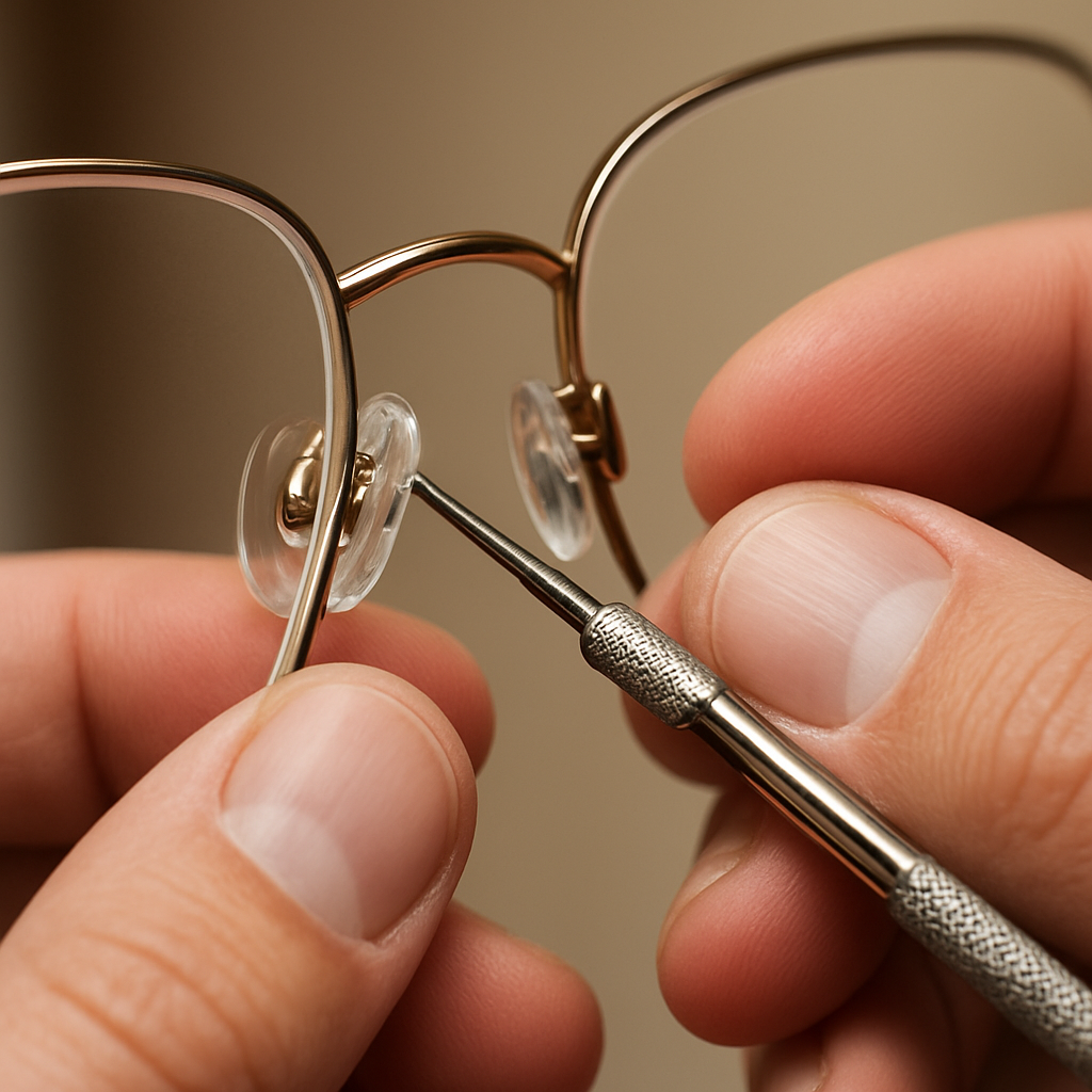 A close‑up of a pair of glasses being adjusted with a tiny screwdriver, focusing on the nose pads. Alt: Adjusting nose pads to stop glasses from slipping down nose.