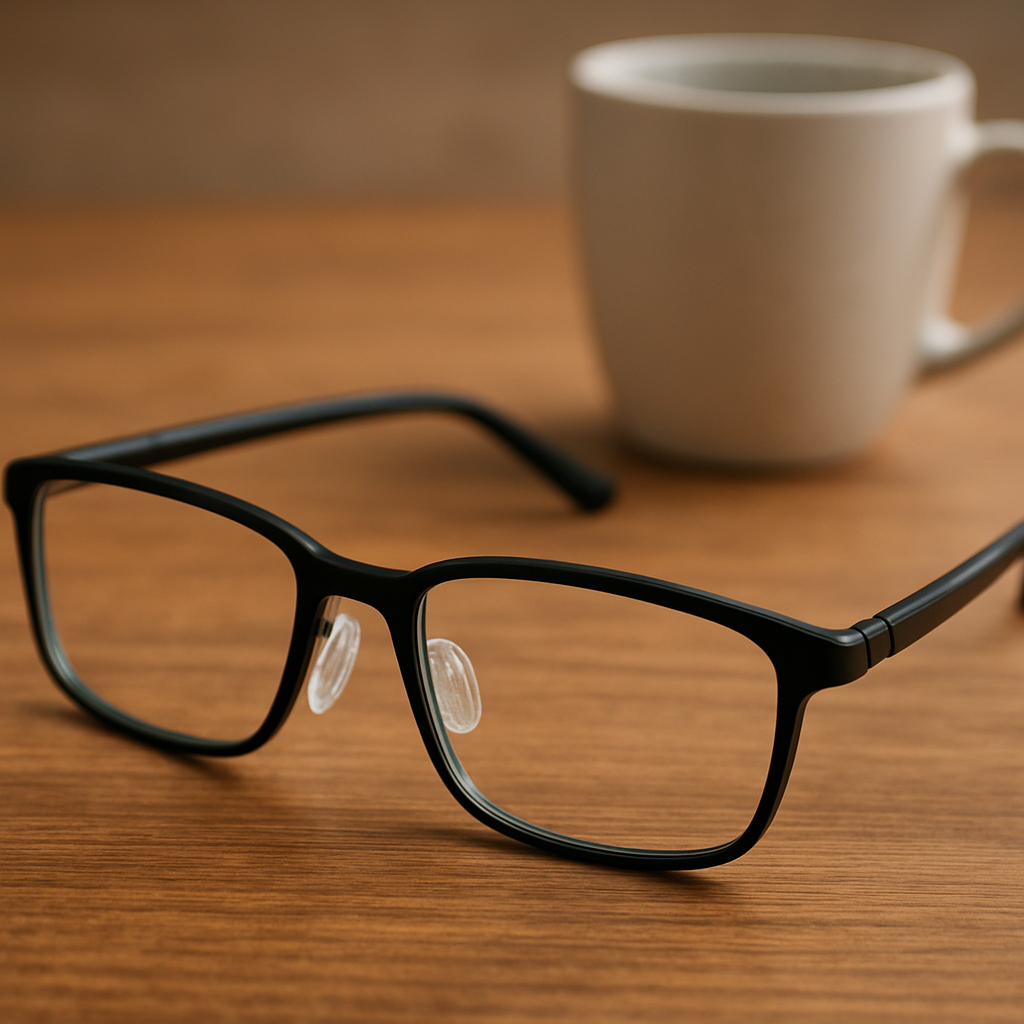 A close‑up of a pair of eyeglasses showing a clear silicone strip on the bridge and tiny ear hooks on the temples, placed on a wooden desk with a coffee mug nearby. Alt: Silicone strip and ear hook solution to stop glasses from slipping down nose.