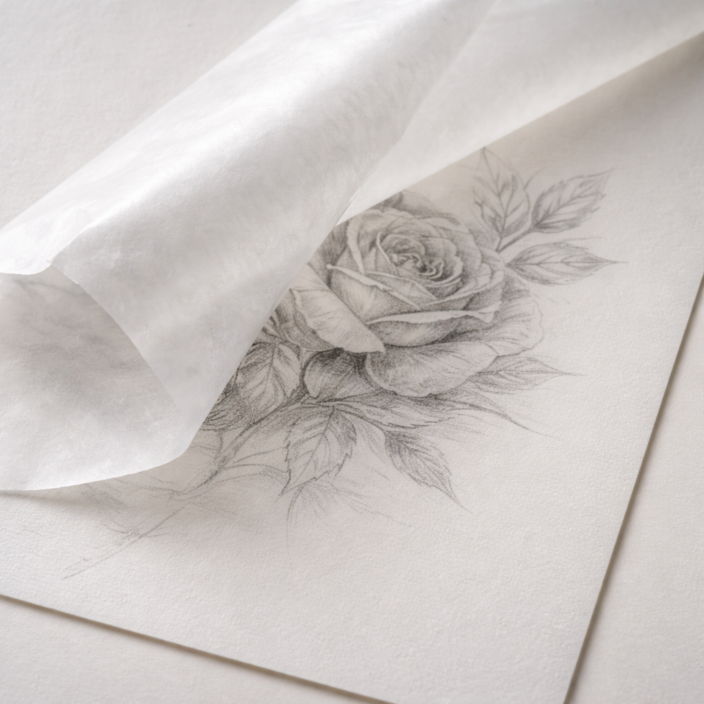 A realistic close‑up of a smooth hot‑press drawing paper with a sheet of wax paper overlay, showing a graphite sketch beneath, alt: smooth hot‑press paper with wax paper barrier