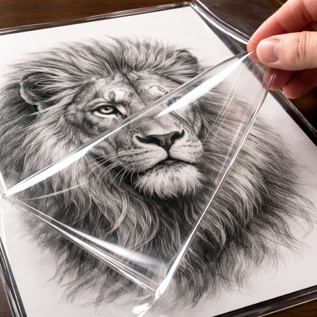 Realistic view of a glossy drawing covered by a clear acrylic protective overlay, alt: clear acrylic film protecting a graphite sketch on glossy paper