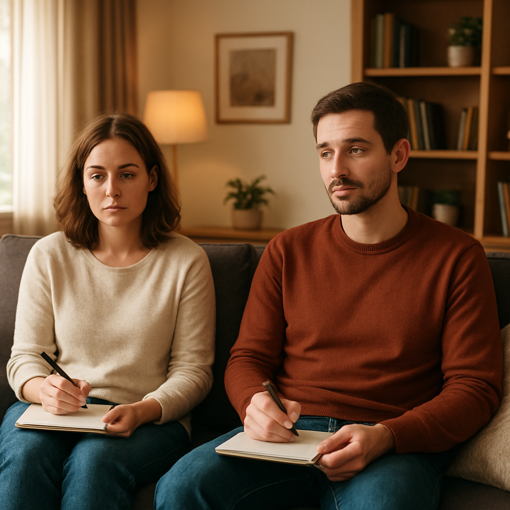 A cozy living room scene where a couple sits on a sofa, each holding a notebook, looking thoughtful but relaxed, indicating they are reflecting on their feelings rather than arguing. Alt: Recognizing the scorekeeping mindset in relationships