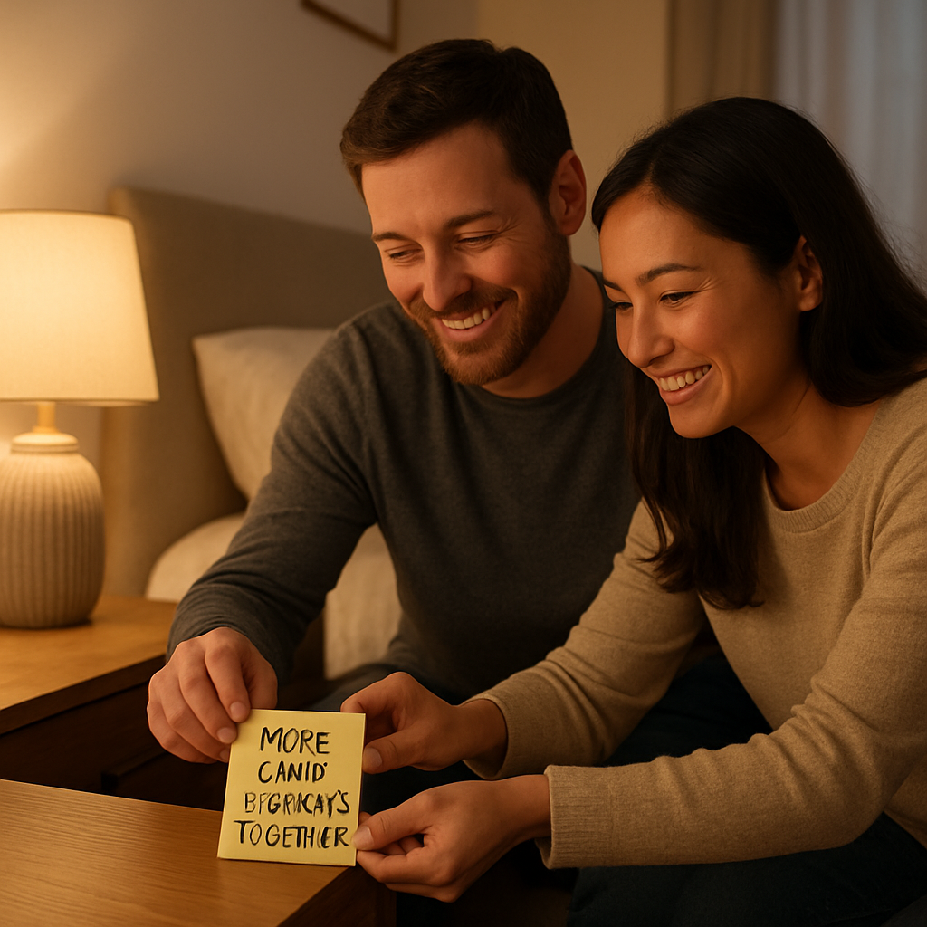 A cozy bedroom with a neatly made bed, soft lighting, and a couple smiling as they place a sticky note on the nightstand that reads “More calm evenings together.” Alt: Couples focusing on shared goals to stop keeping score in a relationship.