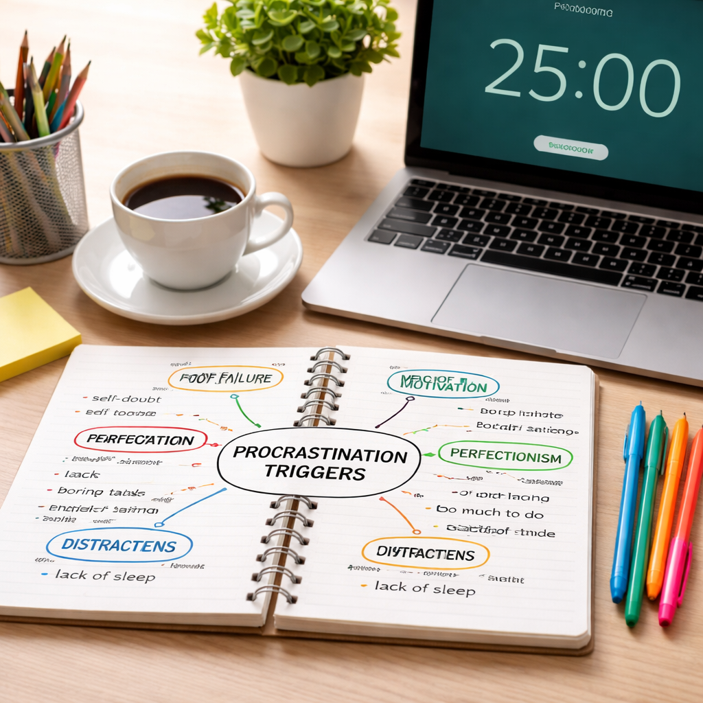 A clean workspace with a notebook open to a mind‑map of procrastination triggers, a laptop showing a 25‑minute timer, and a cup of coffee. Alt: Identify procrastination triggers for better focus and productivity.
