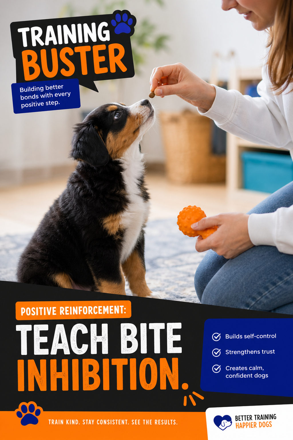 A person holding a treat near a puppy's nose, with the puppy looking up calmly. The person's other hand is gently holding a chew toy. Bright, happy scene with soft focus background. Alt: Positive reinforcement training to teach bite inhibition.
