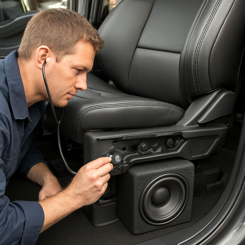 A photorealistic scene of a technician using a stethoscope to listen to seat vibrations in a 2026 Ford F-150, showing the subwoofer enclosure, isolation pads, and surrounding seat frame. Alt: Diagnose seat vibration in Ford truck subwoofer install.
