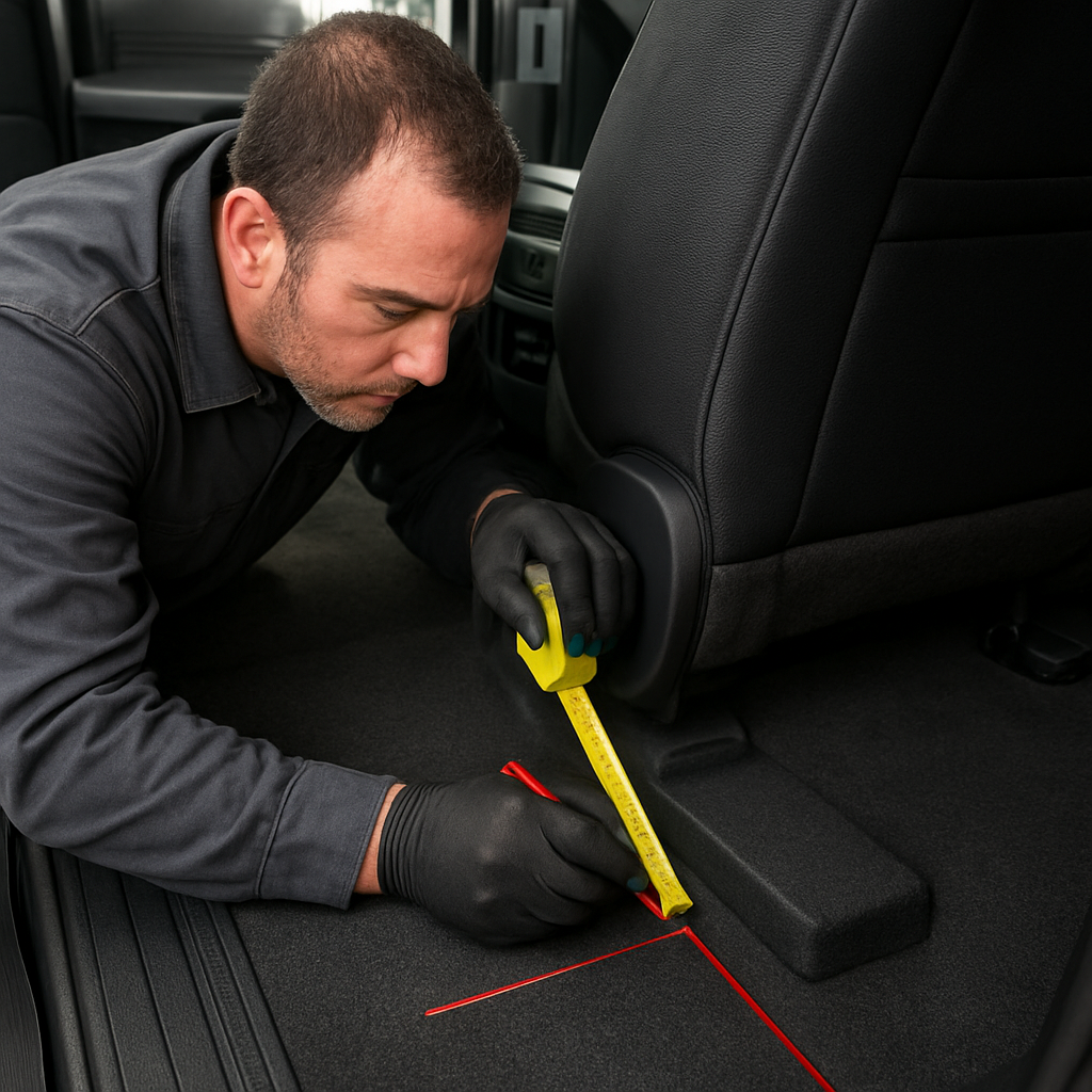 A photorealistic scene of a mechanic measuring clearance behind the driver’s seat of a 2026 Ford F‑150, using a tape measure and marking routing paths for power cable, highlighting tight space constraints and isolation pads. Alt: How to stop seat vibration in Ford truck subwoofer installs – installer’s clearance and routing guide.