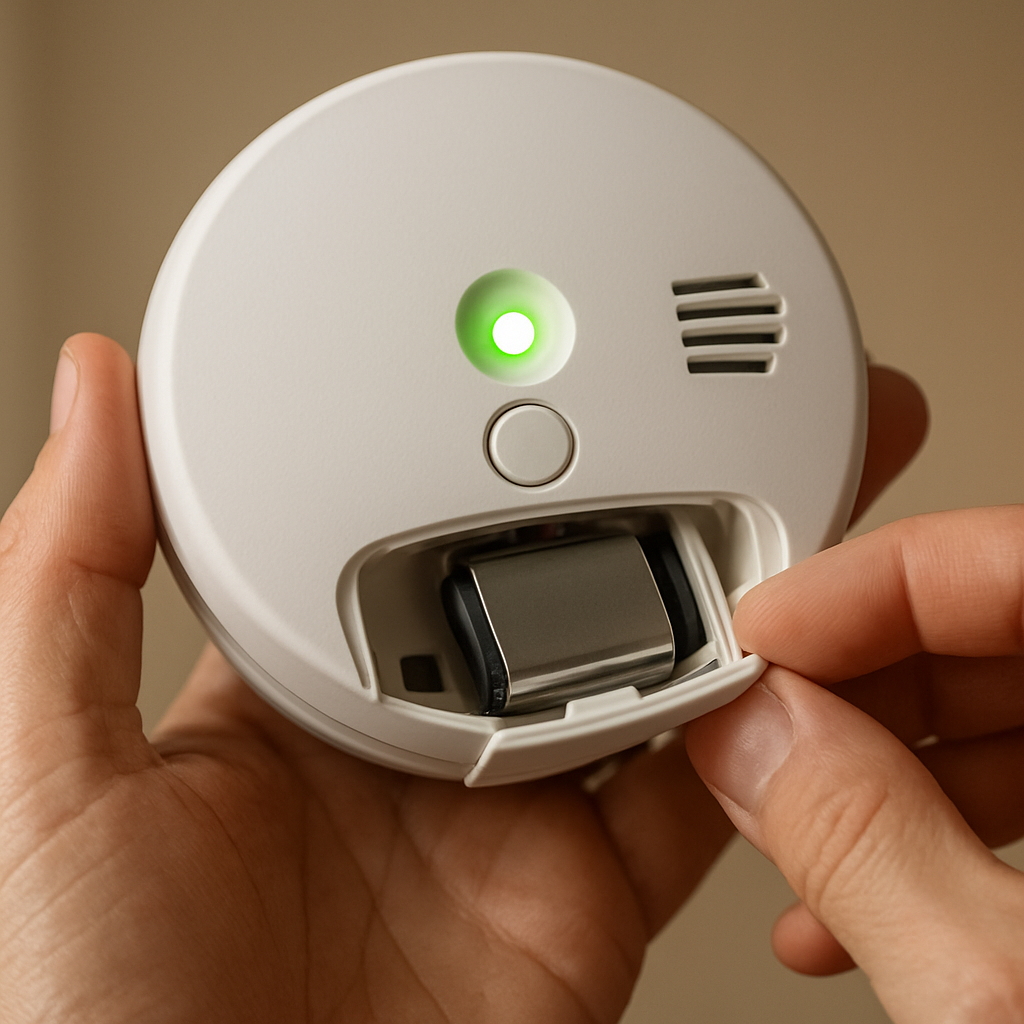 A close‑up of a homeowner holding a smoke detector, gently removing the battery compartment, with soft indoor lighting highlighting the device’s LED indicator. Alt: Identify smoke detector chirp type and cause – step‑by‑step guide.