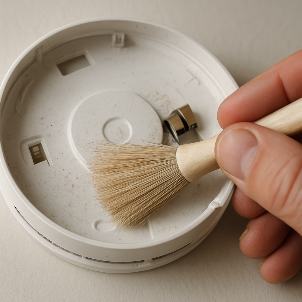 A close-up of a hand gently brushing dust from a smoke detector’s interior, showing a soft brush and the detector’s metal contacts. Alt: Clean smoke detector to stop chirping.