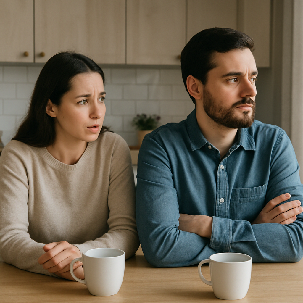 A couple sitting at a kitchen table with one partner looking away, showing the moment of stonewalling. Alt: Recognizing stonewalling signs in relationships.