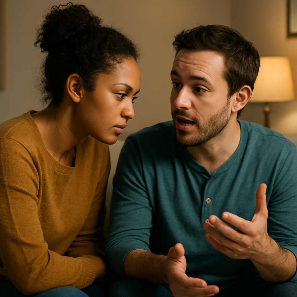 A couple sitting on a couch, one partner leaning in, eyes focused, the other speaking, soft lighting, showing attentive listening. Alt: Active listening and validation in a relationship