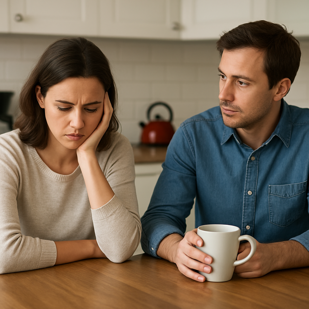 A couple sitting at a kitchen table, one partner looking down with a thoughtful expression while the other holds a coffee mug, illustrating the silent treatment moment. Alt: Recognizing silent treatment in a relationship