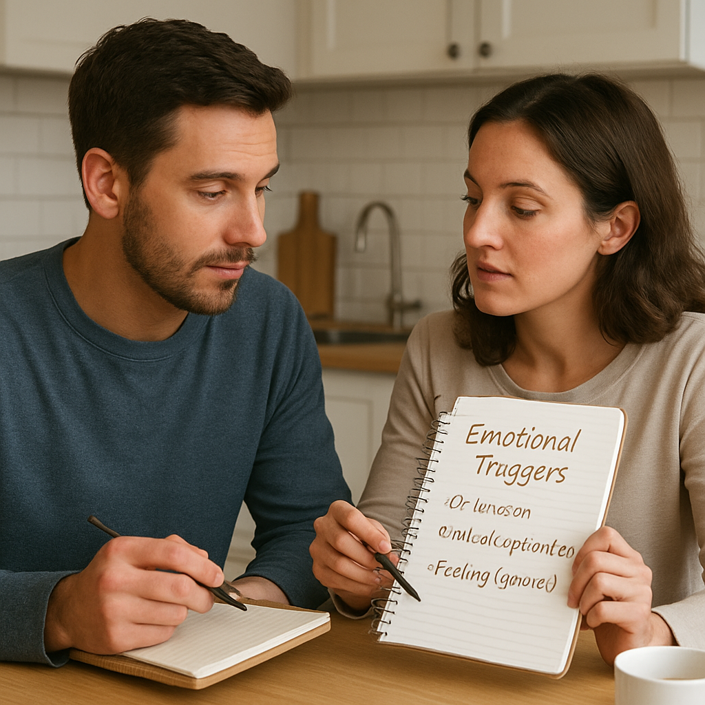 A couple sitting at a kitchen table, each holding a notebook, calmly discussing a list of emotional triggers. Alt: Recognizing relationship triggers to stop yelling.