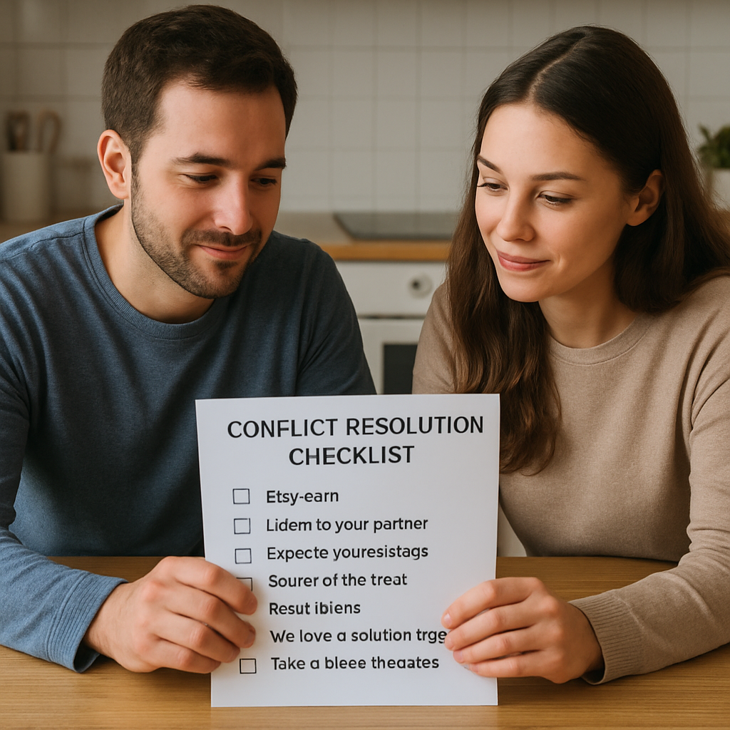 A couple sitting together at a kitchen table, reviewing a printed conflict‑resolution checklist while holding hands. Alt: Conflict resolution routine for couples