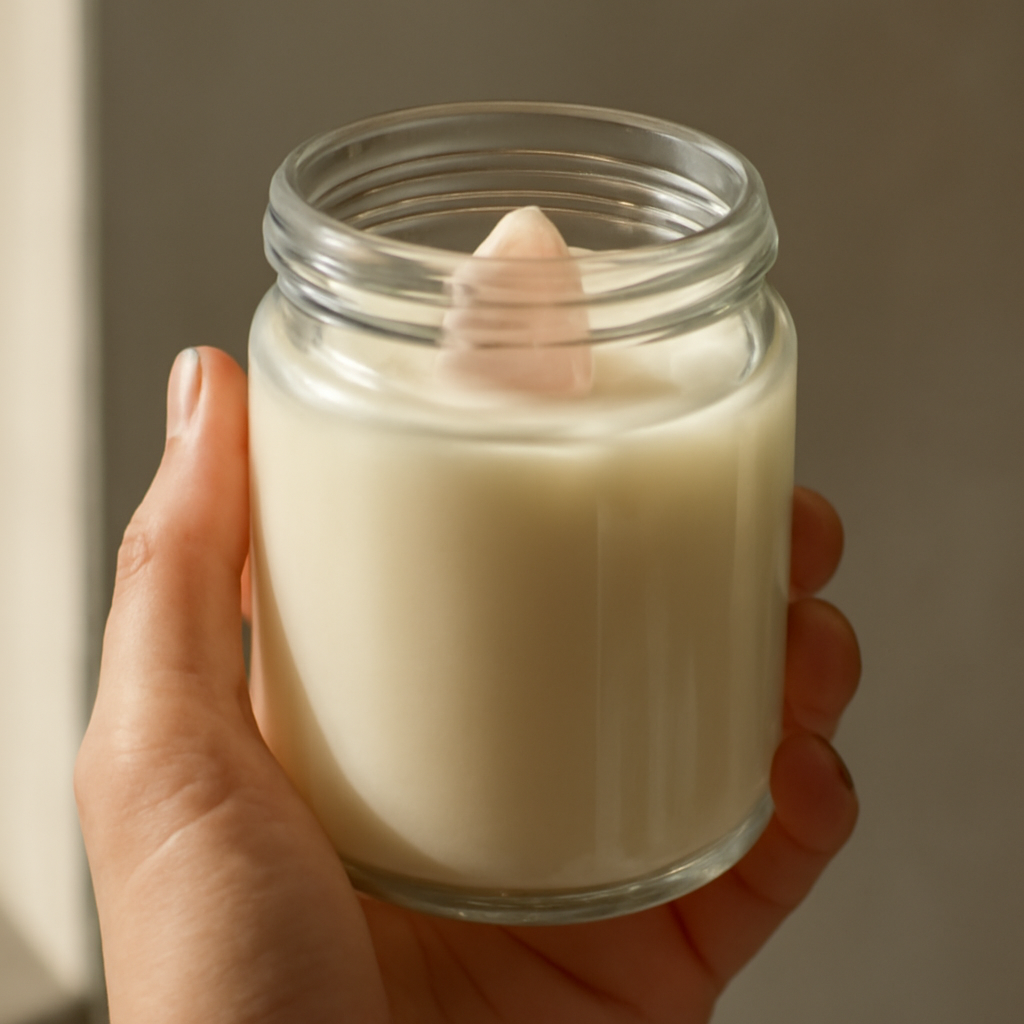 A close‑up of a hand holding a glass jar with a crystal‑topped soy candle, sunlight filtering through the glass. Alt: Candle in glass jar storage.