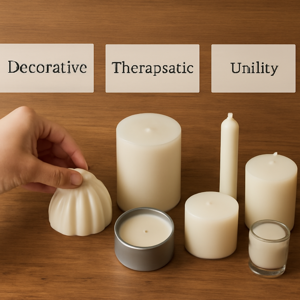 A hand arranging different candle styles on a wooden table, labeled with categories like “Decorative,” “Therapeutic,” and “Utility.” Alt: Candle organization by type