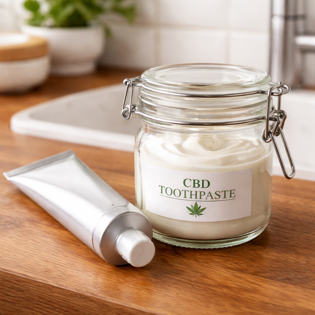 A realistic close-up of a sleek, empty toothpaste tube next to a reusable glass jar with a tight lid, on a wooden countertop. Alt: storing CBD toothpaste in a glass container