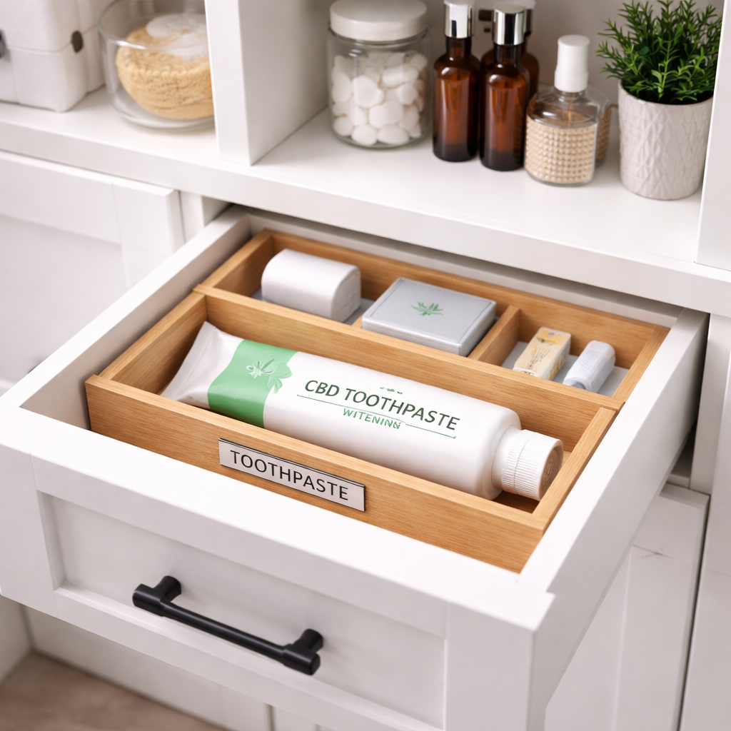 A realistic scene of a tidy bathroom cabinet with a labeled drawer, showing a toothpaste tube kept away from moisture. Alt: ideal storage spot for CBD toothpaste