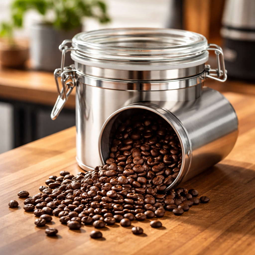 A realistic close‑up of a stainless‑steel coffee canister with a clear vacuum seal, beans spilling out onto a wooden countertop. Alt: stainless steel airtight coffee storage container for hot weather