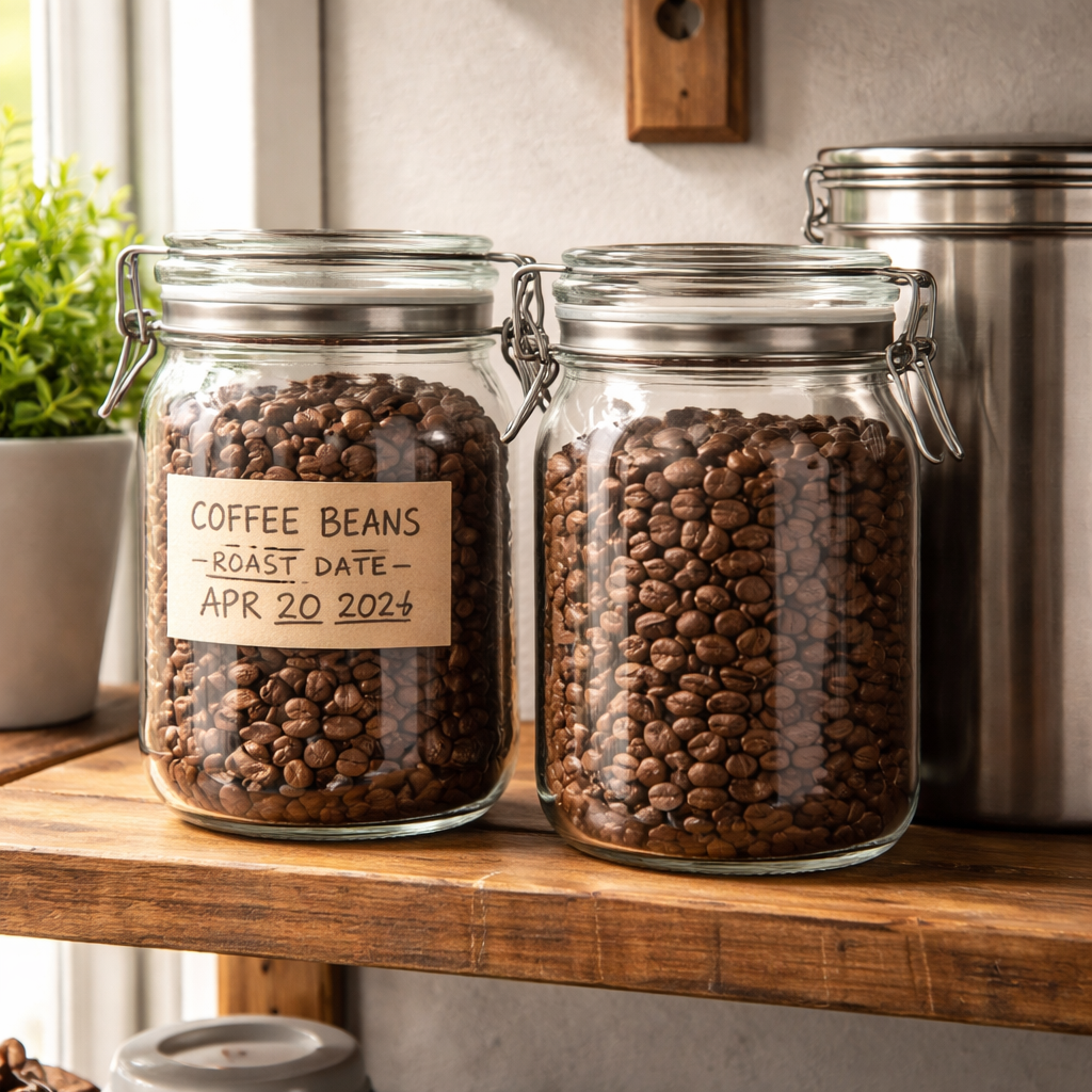 A realistic kitchen scene showing two clear jars of coffee beans, one labeled with a roast date, placed on a wooden shelf beside a stainless‑steel canister. Alt: proper coffee bean portioning and rotation setup for hot weather