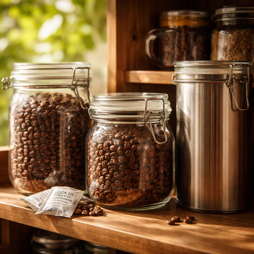 A photorealistic kitchen pantry shelf with glass jars featuring rubber seals, a stainless‑steel can, and small silica‑gel packets, sunlight filtering in, showcasing fresh coffee beans protected from humidity. Alt: airtight containers for storing coffee beans in humid climate.