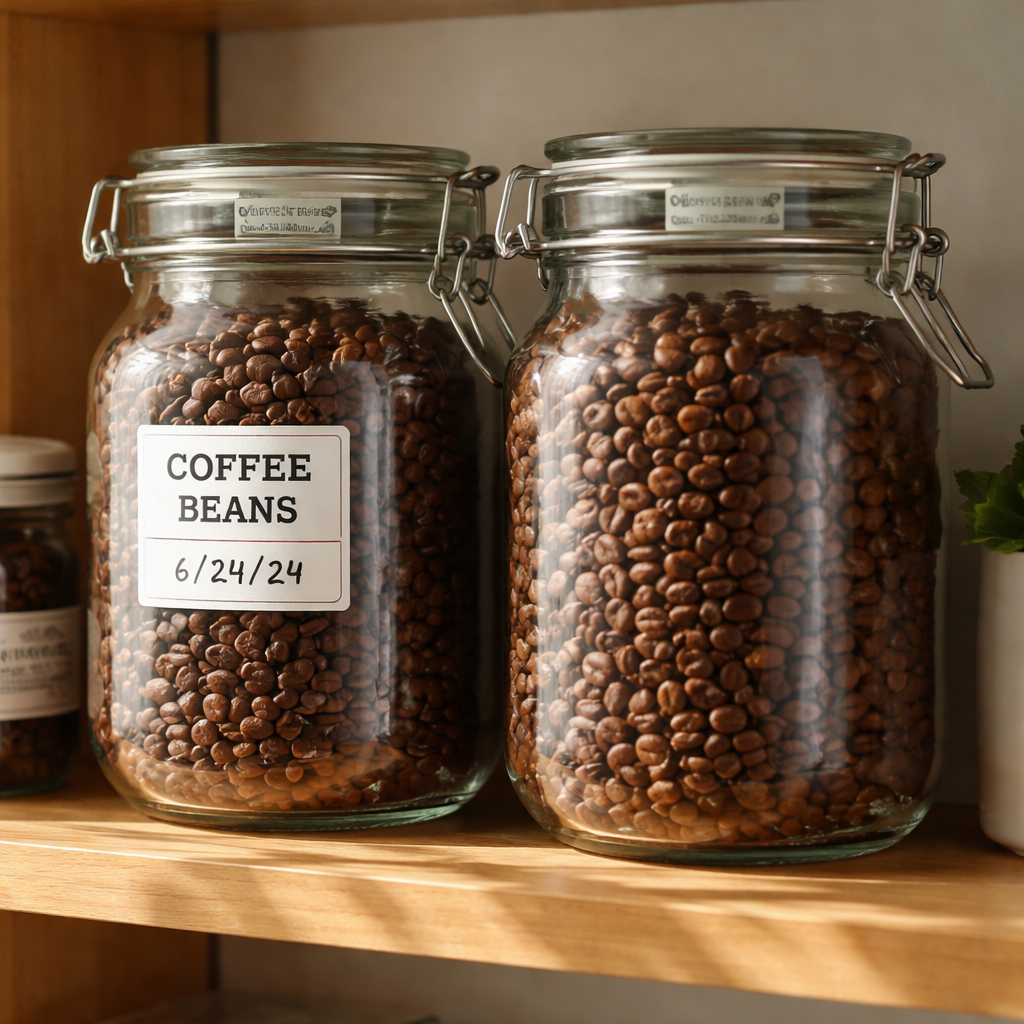 A photorealistic kitchen pantry shelf with two clear glass jars of coffee beans, one labeled with a date, a silica‑gel packet visible in the lid, soft natural light highlighting the beans. Alt: how to store coffee beans in humid climate
