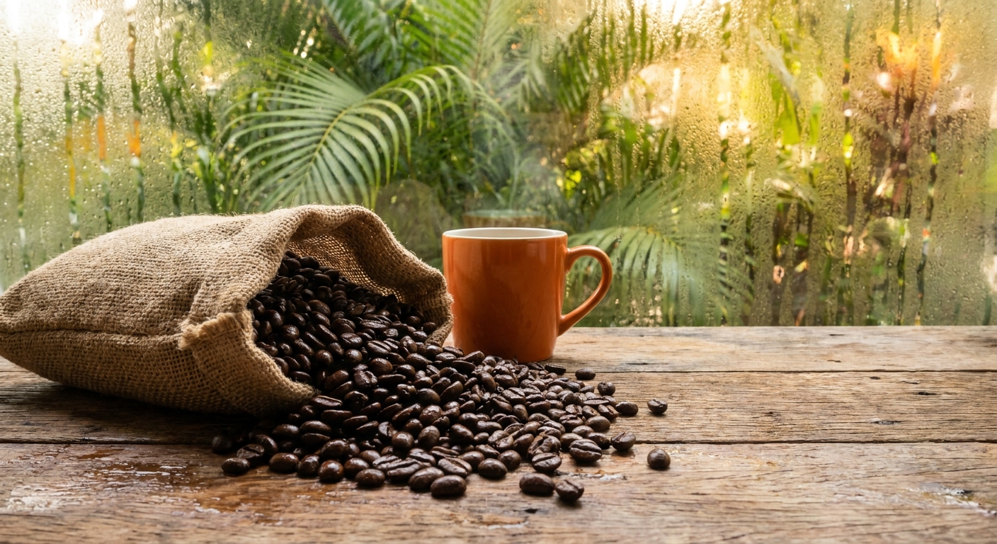 A photorealistic close-up of glossy dark roasted coffee beans spilling from an open bag on a wooden kitchen counter in a steamy, sunlit tropical kitchen, condensation visible on a nearby window. Alt: coffee beans exposed to humidity in a tropical kitchen.