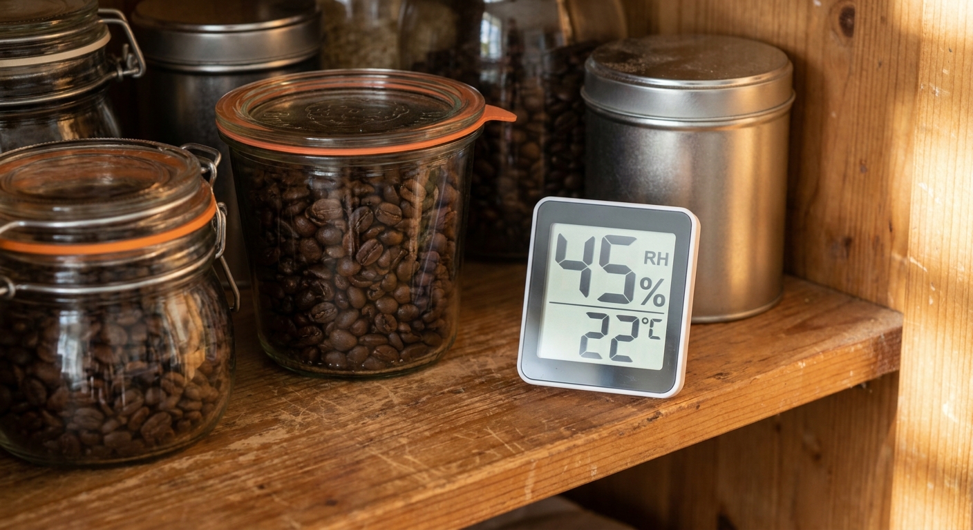 A photorealistic close-up of a small digital hygrometer sitting on a wooden pantry shelf next to sealed coffee containers, the display showing a relative humidity reading. Alt: digital hygrometer measuring humidity in a coffee pantry.