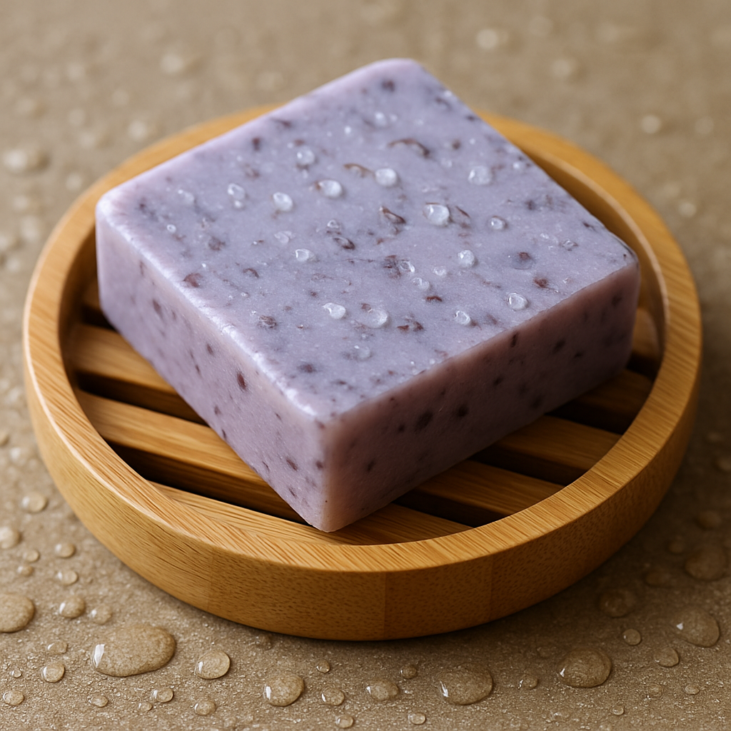 A close‑up of a handcrafted lavender soap resting on a bamboo slatted dish, with droplets of water glistening on the surrounding surface. Alt: bamboo soap dish keeps handmade soap dry and firm.