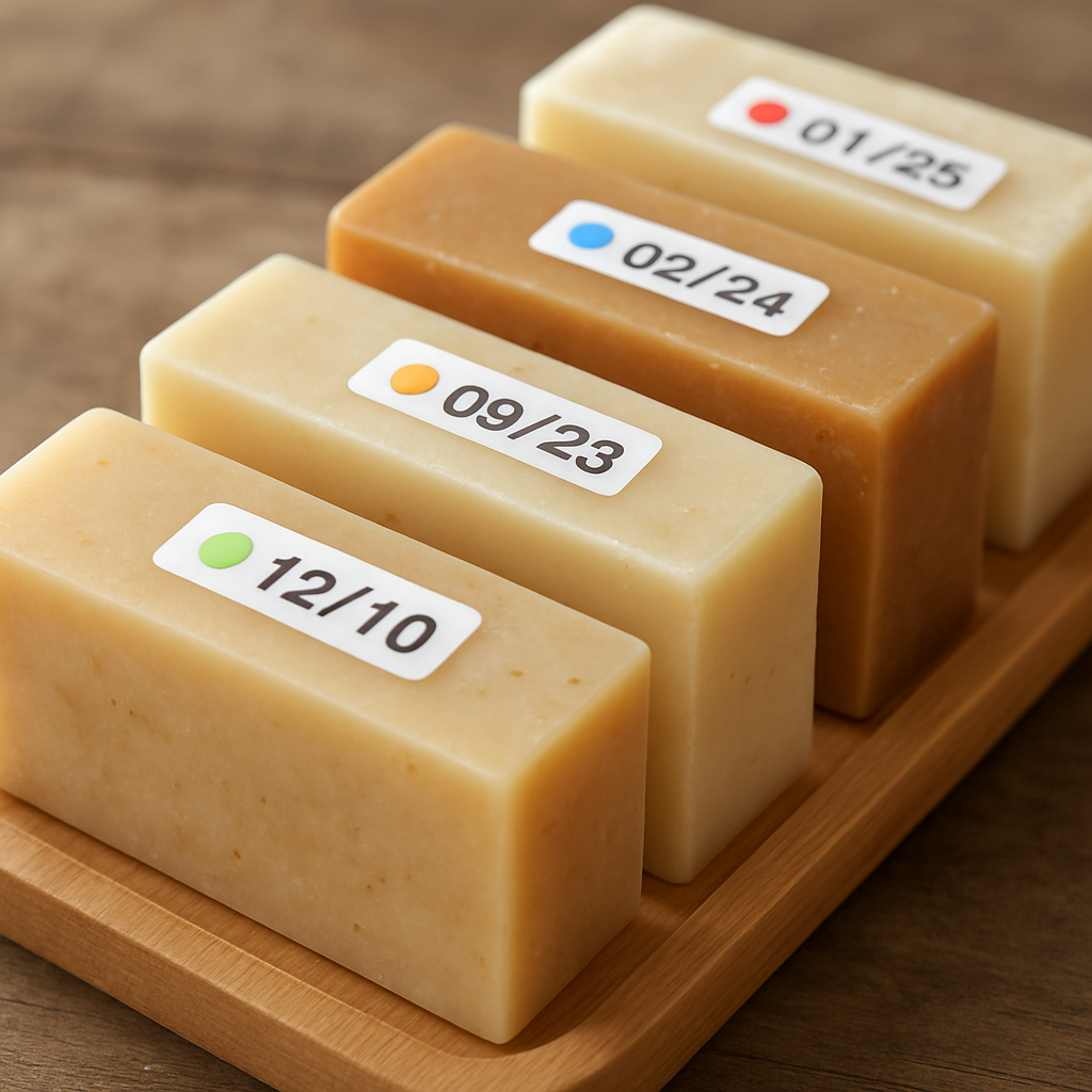 A close‑up of a wooden soap dish with several handmade soap bars, each tagged with a small waterproof label showing a date and colored dot. Alt: How to label and track expiration dates for handmade soap