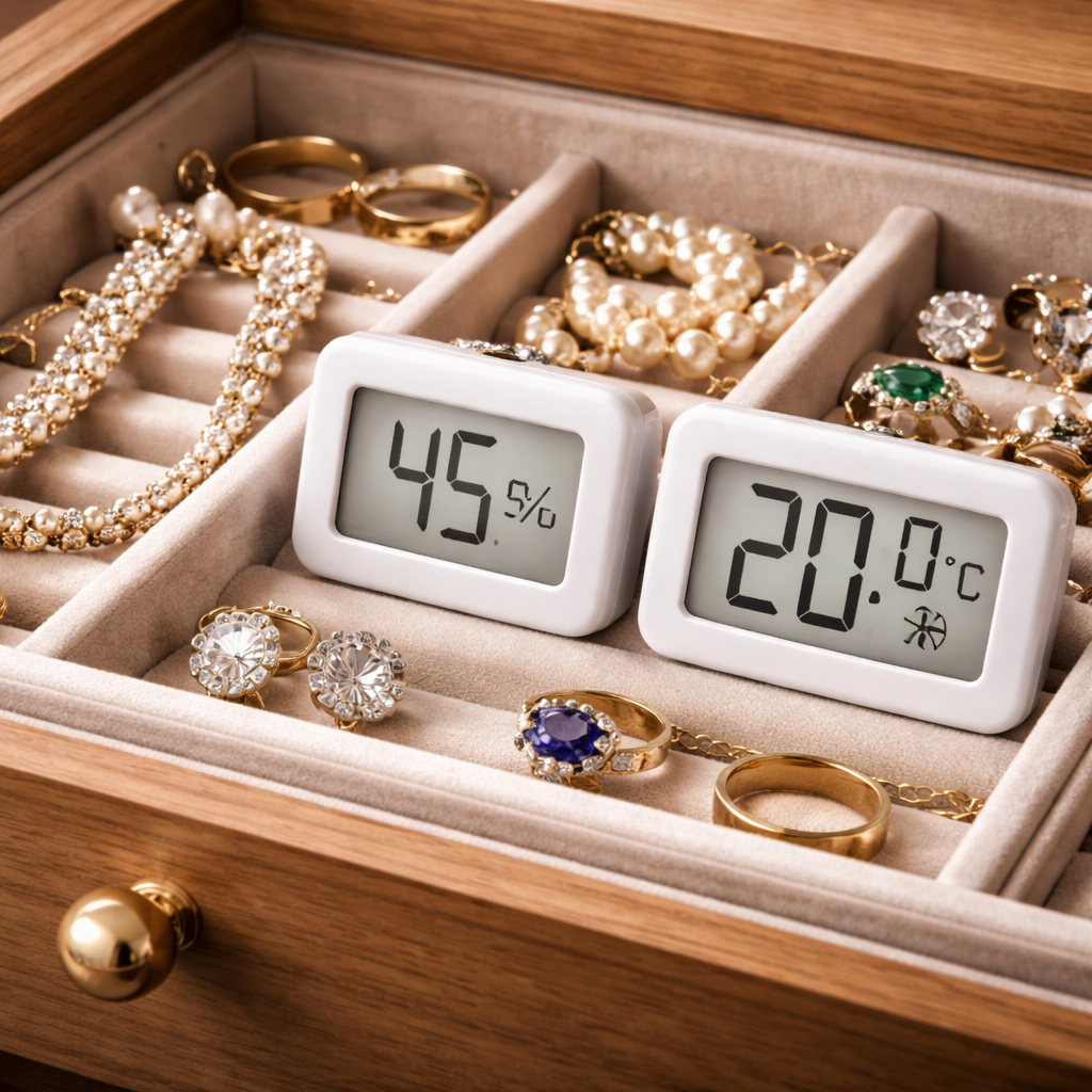 A photorealistic close‑up of a wooden jewellery drawer with a soft‑lined box, a small digital hygrometer showing 45 % humidity, and a thermostat set to 20 °C, illustrating ideal storage conditions for fine jewellery. Alt: jewellery storage humidity temperature control