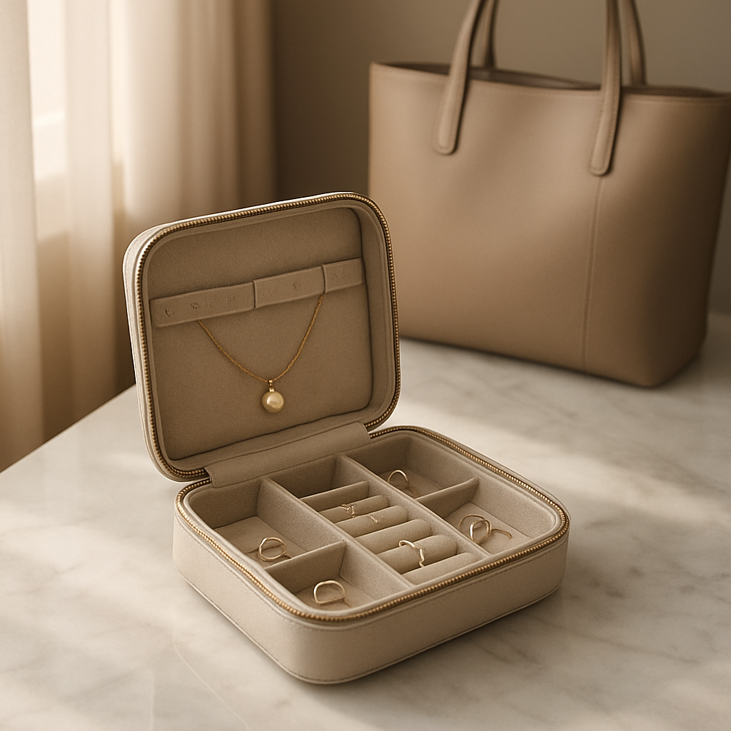 A photorealistic travel scene showing a luxury jewelry case opened on a marble hotel desk, neatly organized compartments for necklaces, rings, and earrings, soft natural morning light, and a chic tote in the background. Alt: Travel jewelry organization for fashion-forward women.