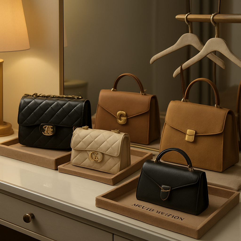A stylish, well‑lit vanity table with an array of luxury handbags neatly arranged on velvet trays, dust bags, and padded hangers. Alt: Assessing a luxury handbag collection for proper storage.