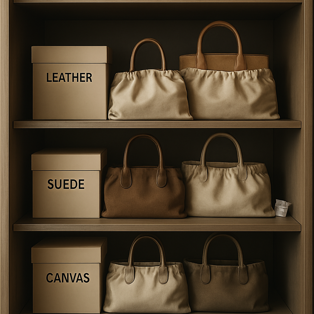 A neatly organized closet shelf with luxury handbags sorted by material (leather, suede, canvas) and season, each in breathable dust bags, labeled boxes, and silica packets. Alt: Organized luxury handbag storage by material and season.