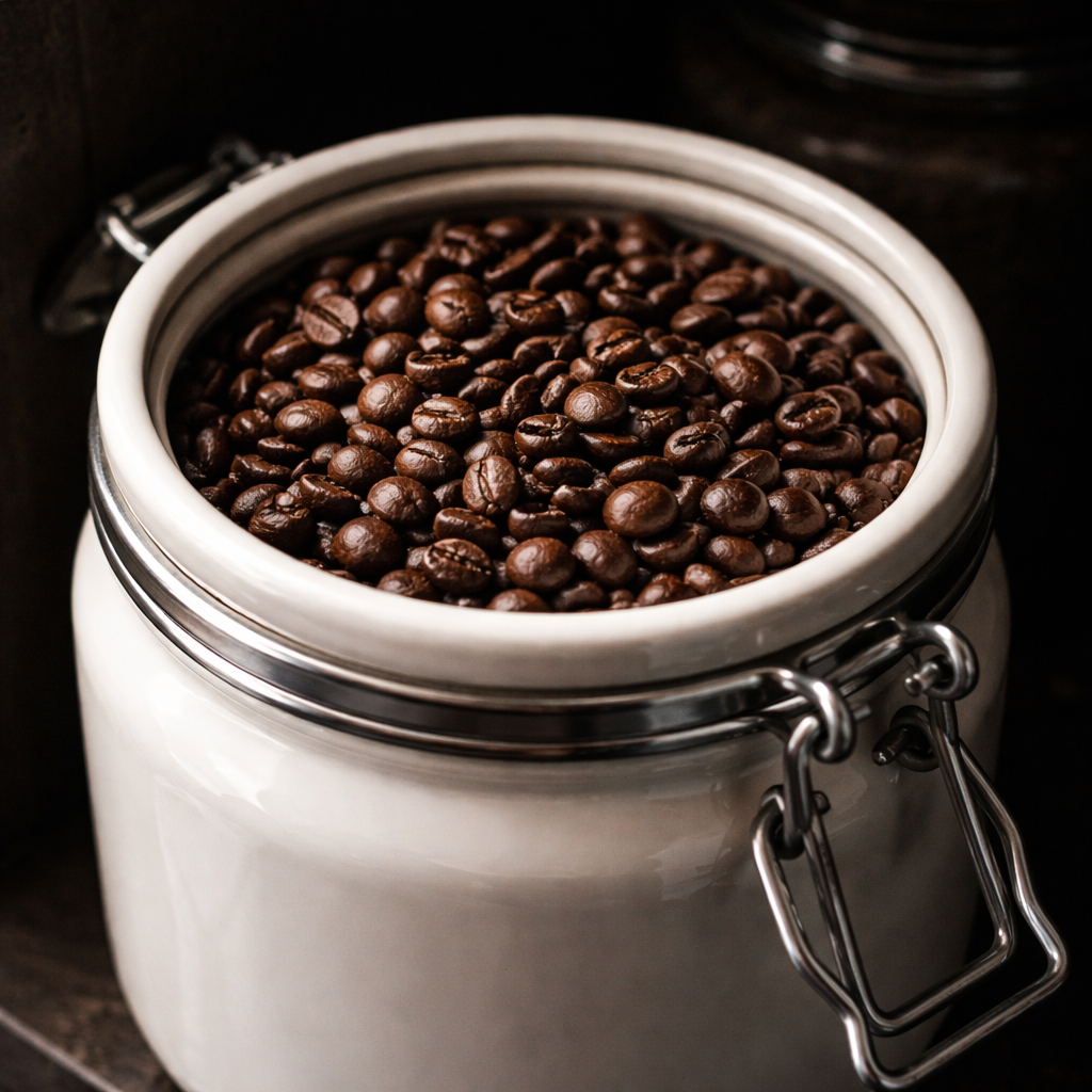 A realistic close‑up of coffee beans inside an opaque, airtight ceramic jar on a dark pantry shelf. Alt: coffee beans stored in a light‑proof container for freshness