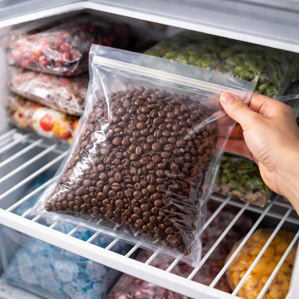 Realistic illustration of coffee beans being placed into a vacuum‑sealed freezer bag inside a home freezer. Alt: proper freezing technique for roasted coffee beans