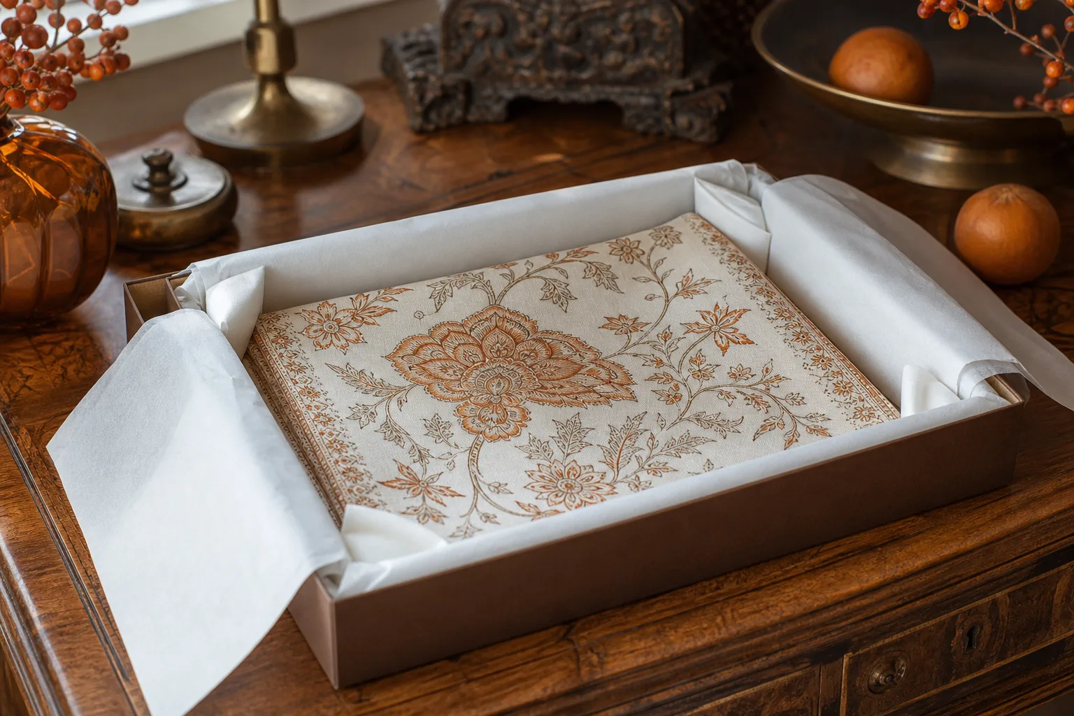 folded table linen stored with acid-free tissue and padded folds.