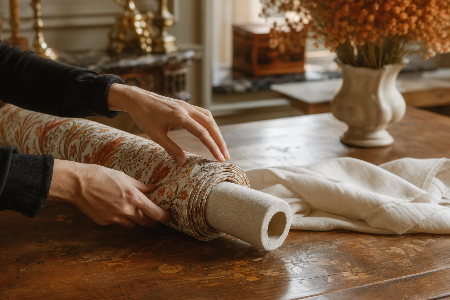 fragile table linen rolled on a cloth-covered archival support tube.